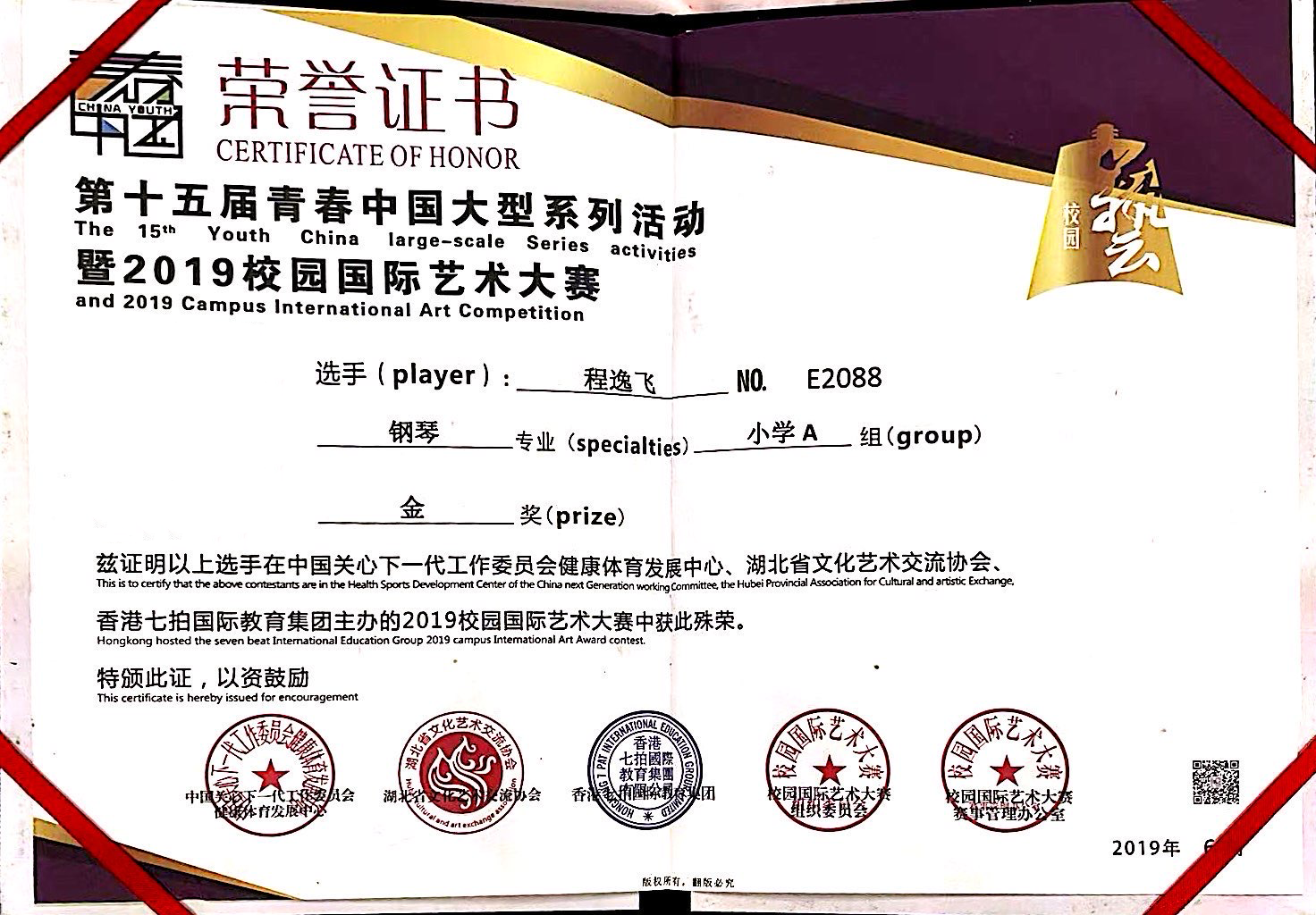 青春中国艺术大赛钢琴金奖证书
